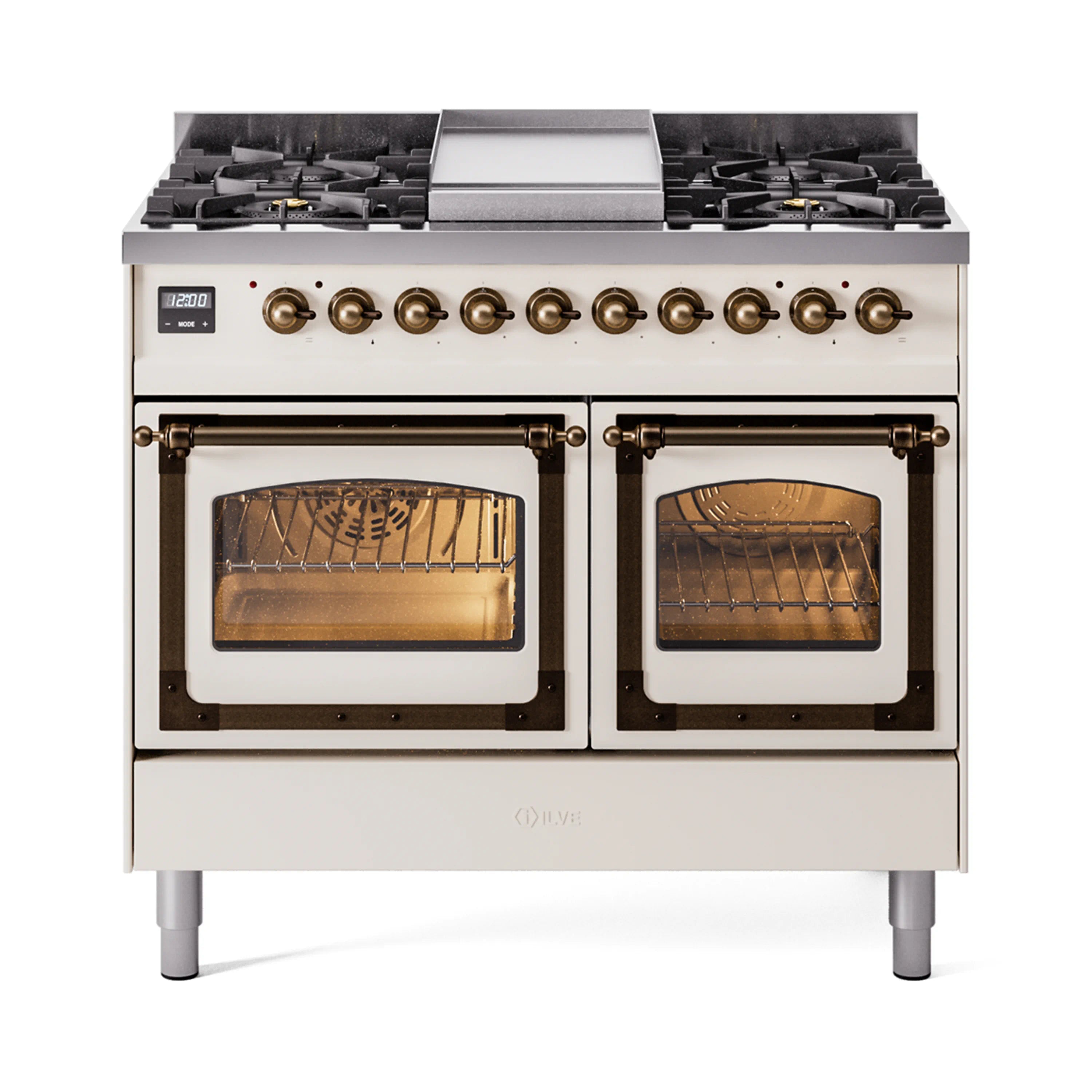 Antique white dual fuel range with bronze knobs, black grates, and triple glass oven doors