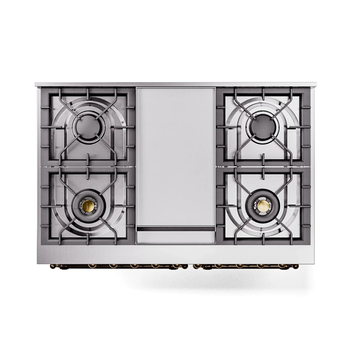 Dual fuel range rear burner layout with black cast-iron grates and center panel
