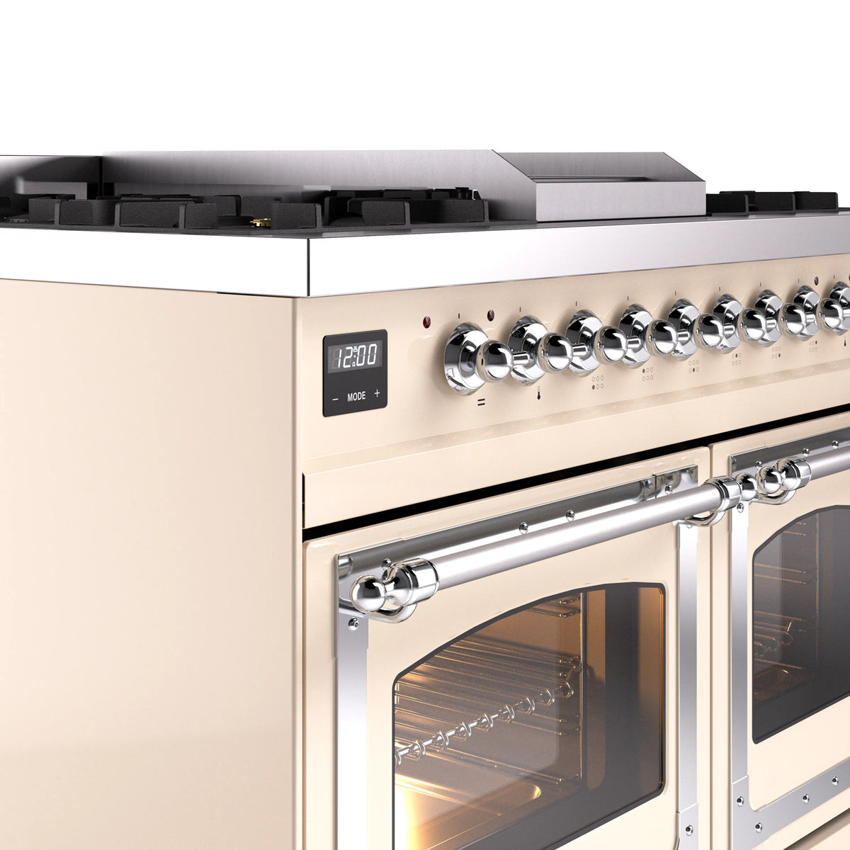 Antique white range with chrome control knobs and open oven door
