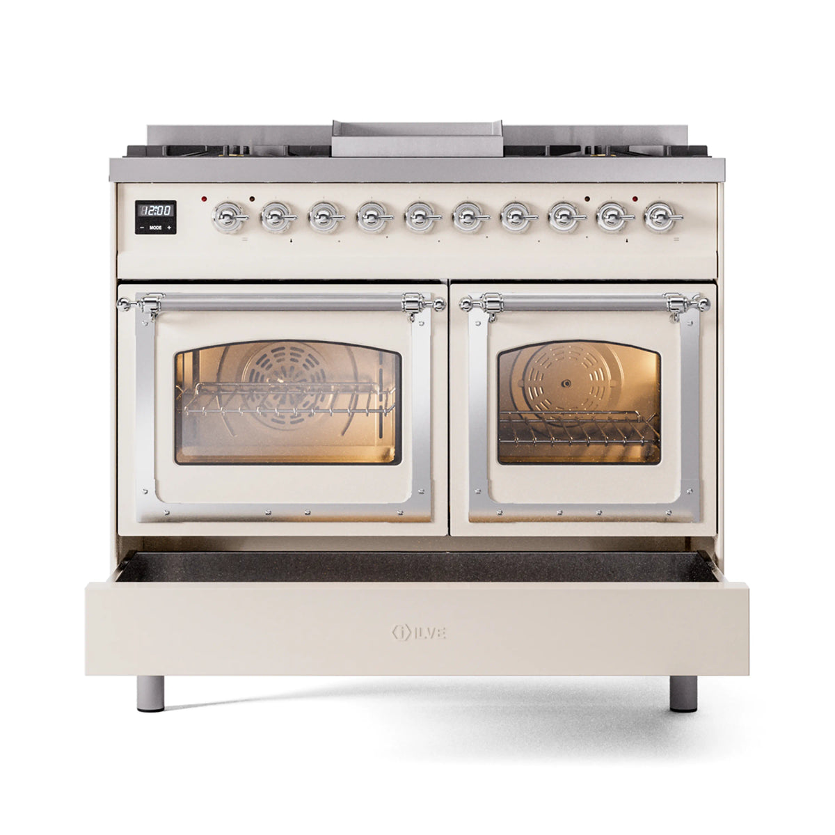 Antique white range with both ovens open, showing racks and heating elements