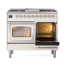 ILVE 40-Inch Nostalgie II Noblesse Natural Gas Dual Fuel Range with Triple Glass Door Oven in Antique White with Chrome Trim (UND40FNMPAWC)
