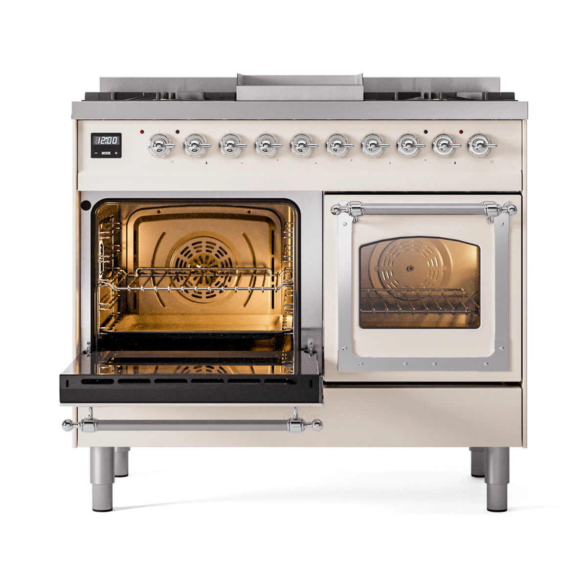 Antique white range with both ovens open, showing racks inside the doors