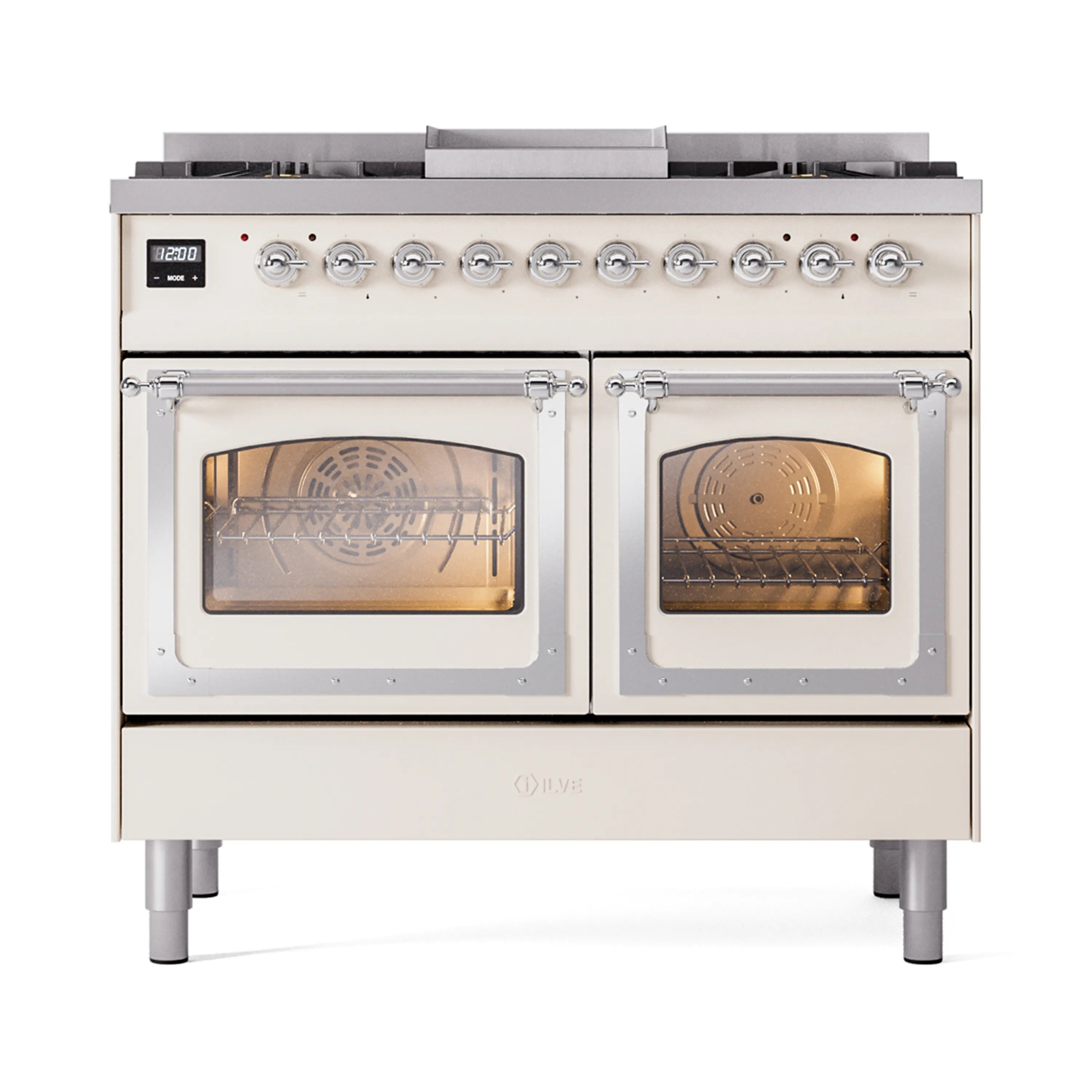 Antique white dual-fuel range with two glass oven doors and racks visible through windows