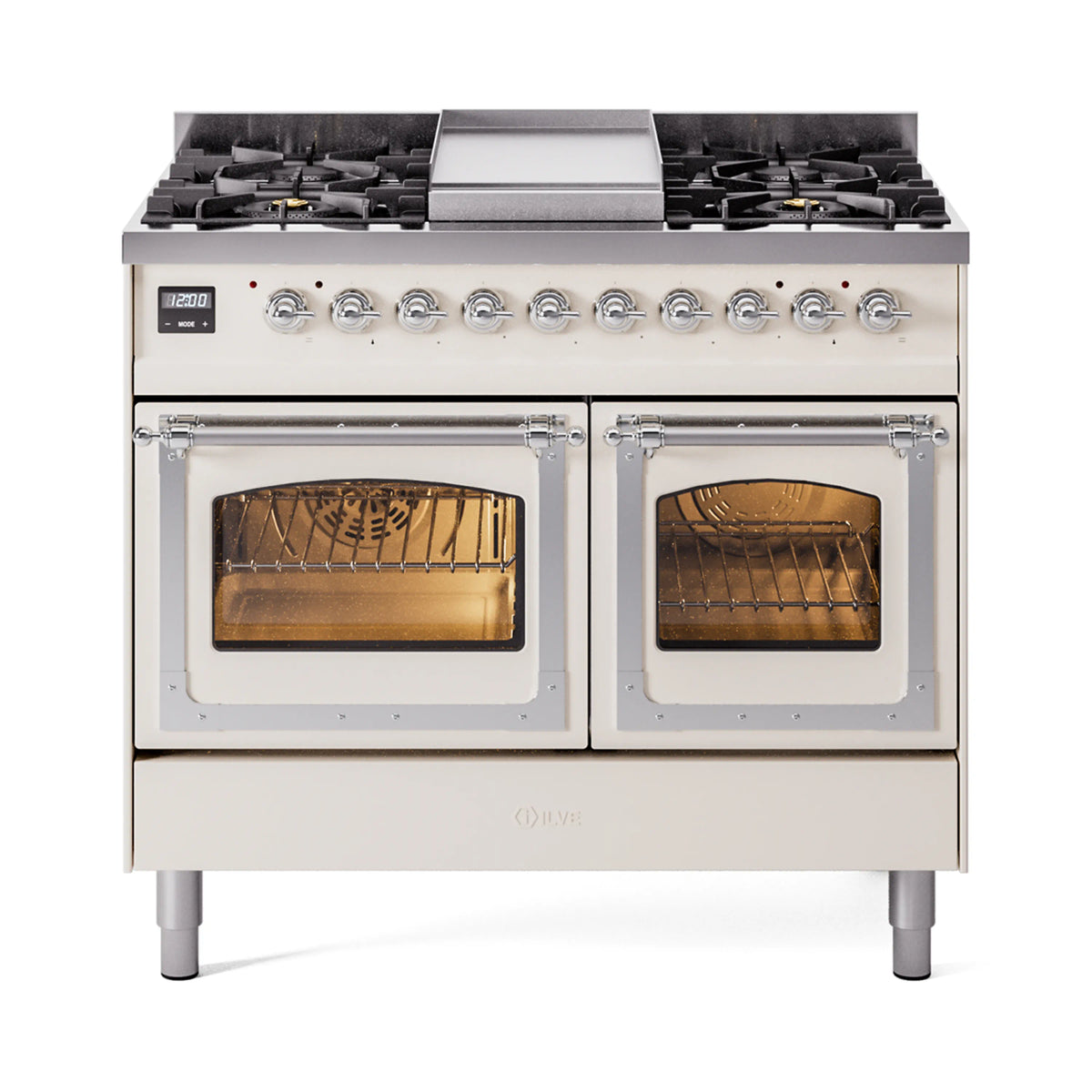 Antique white range with black cooktop griddle and four burner caps