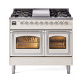 ILVE 40-Inch Nostalgie II Noblesse Natural Gas Dual Fuel Range with Triple Glass Door Oven in Antique White with Chrome Trim (UND40FNMPAWC)