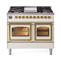 ILVE 40-Inch Nostalgie II Noblesse Natural Gas Dual Fuel Range with Triple Glass Door Oven in Antique White with Brass Trim (UND40FNMPAWG)