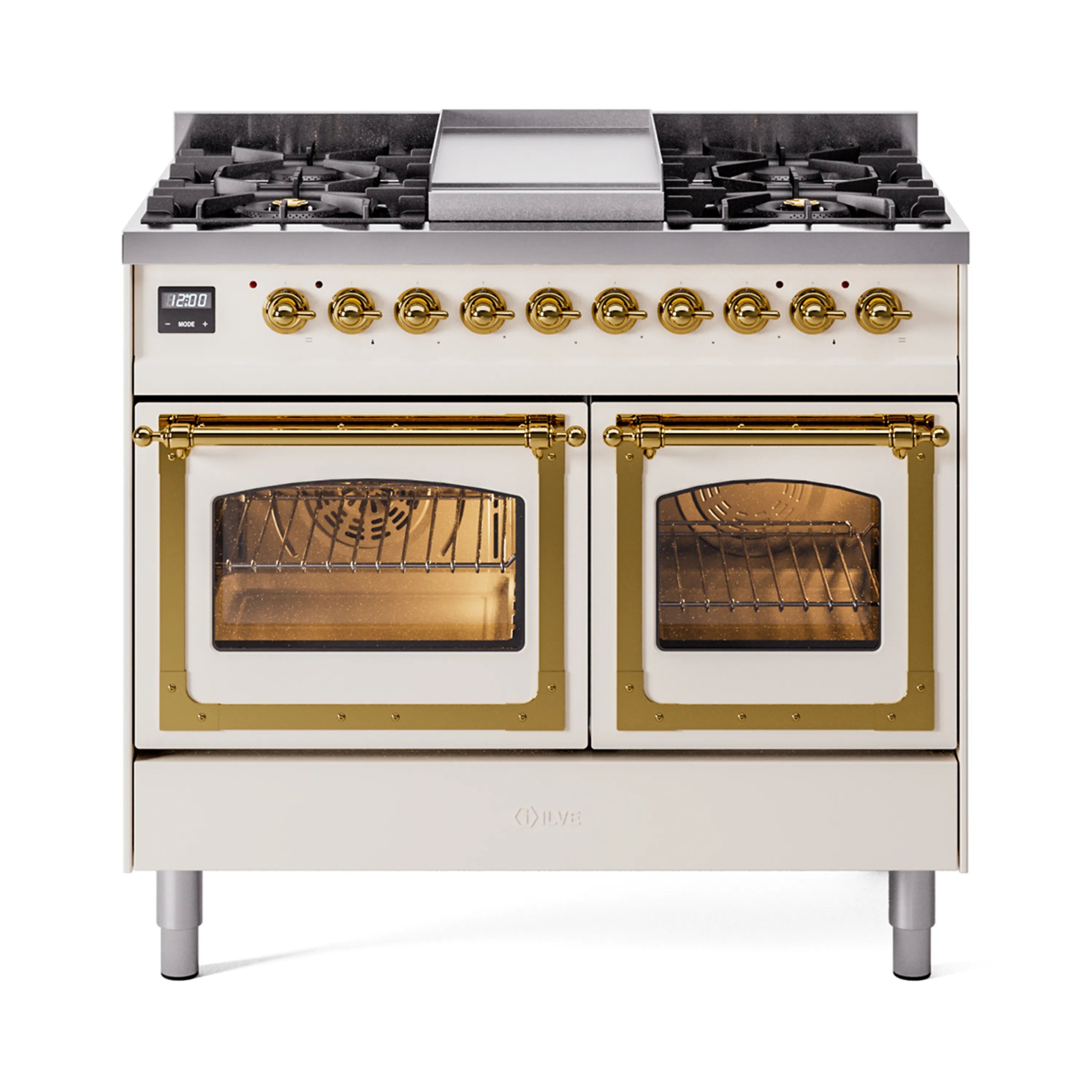 Antique white dual-fuel range with brass trim, open triple-glass oven doors and gas burners.