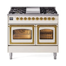 ILVE 40-Inch Nostalgie II Noblesse Propane Gas Dual Fuel Range with Triple Glass Door Oven in Antique White with Brass Trim (UND40FNMPAWGLP)