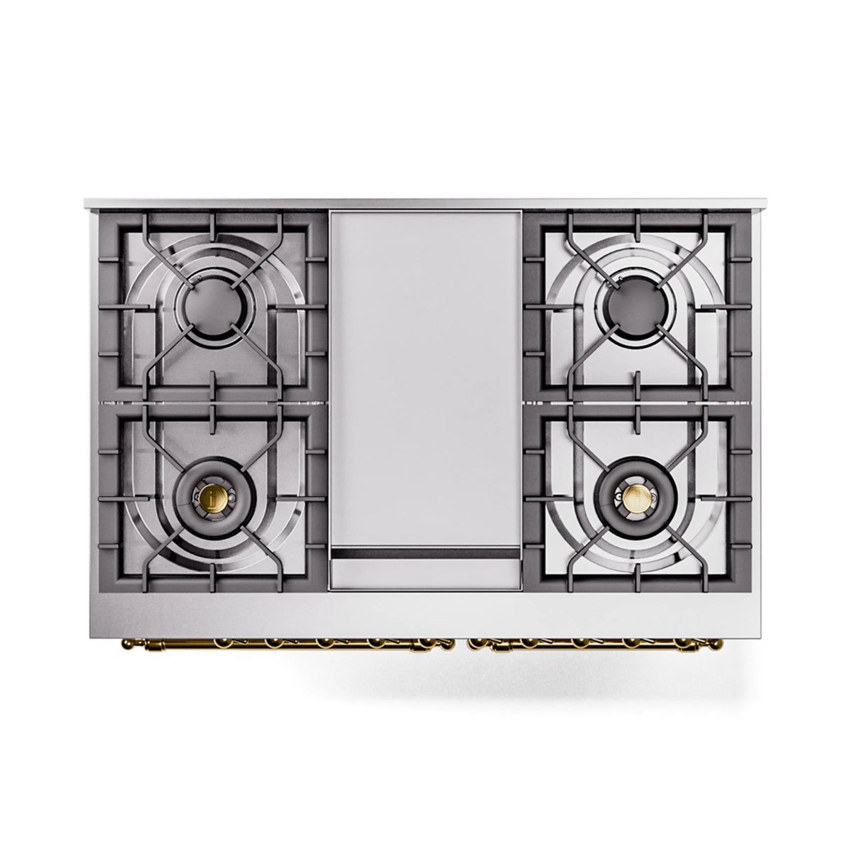Antique white dual-fuel range underside view with two front burners and brass rail.