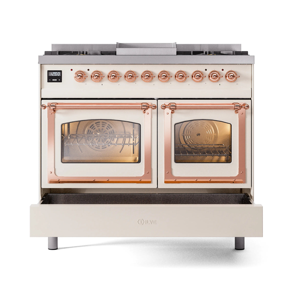 Antique white dual fuel range with copper-trimmed oven doors and visible interior racks