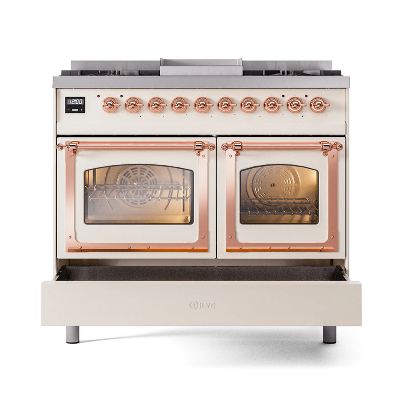 ILVE 40-Inch Nostalgie II Noblesse Dual Fuel Range with Triple Glass Door Oven in Antique White with Copper Trim (UND40FNMPAWP)