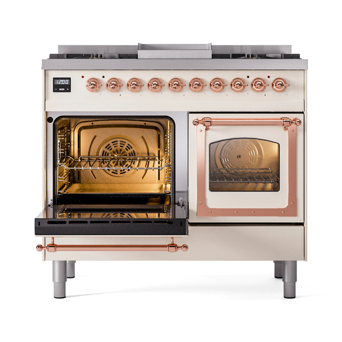 Dual-fuel gas range with left oven door open, showing racks inside and copper trim
