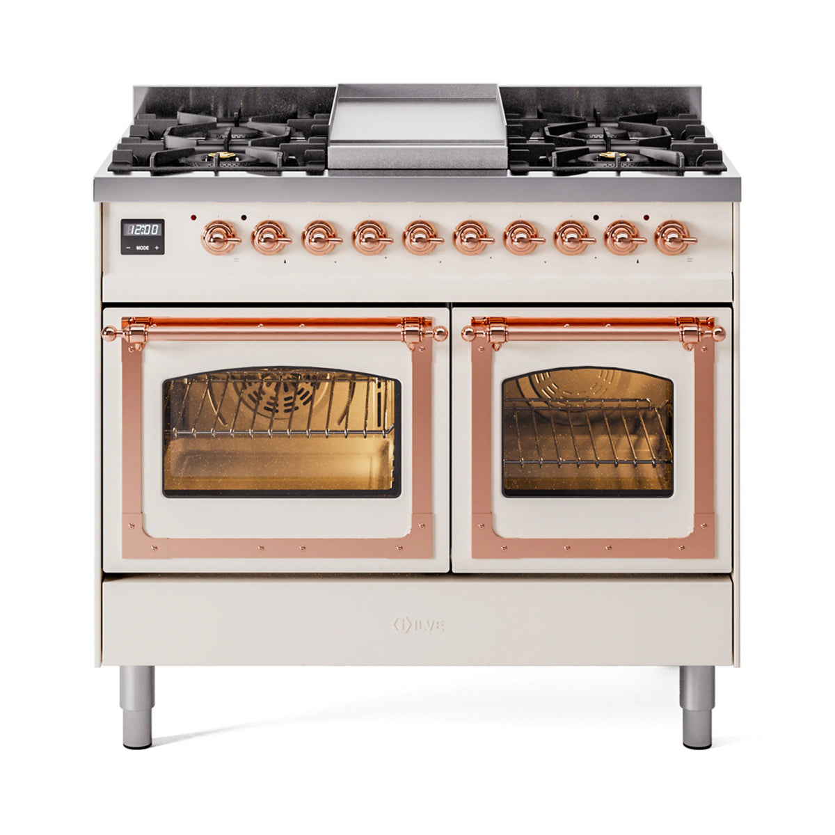 Antique white dual-fuel gas range with copper knobs, burner grates, and two oven doors