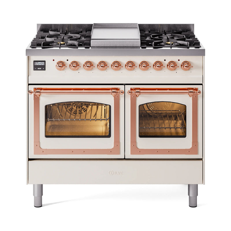 ILVE 40-Inch Nostalgie II Noblesse Dual Fuel Range with Triple Glass Door Oven in Antique White with Copper Trim (UND40FNMPAWP)