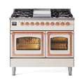 ILVE 40-Inch Nostalgie II Noblesse Natural Gas Dual Fuel Range with Triple Glass Door Oven in Antique White with Copper Trim (UND40FNMPAWP)