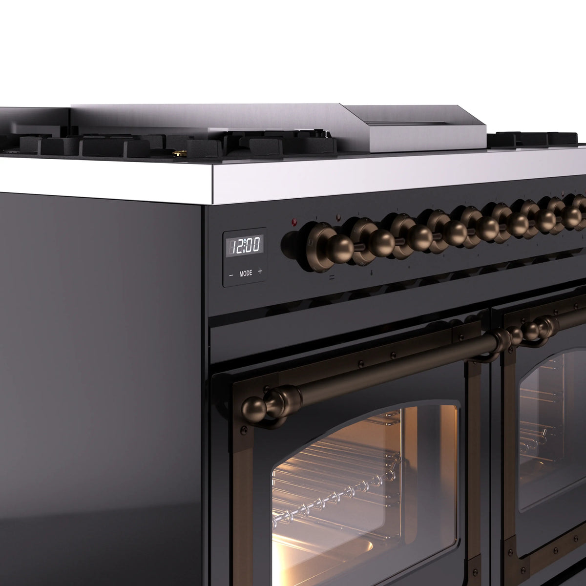 ILVE range control panel with bronze knobs and oven display on glossy black