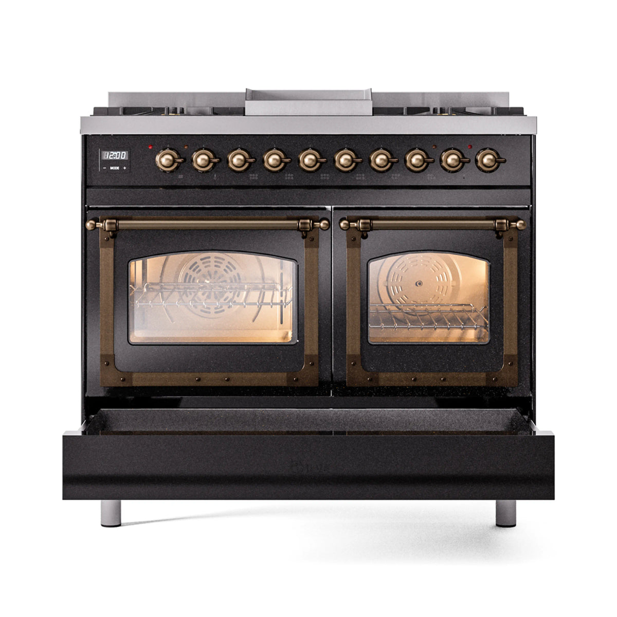 Black dual fuel range with two oven glass doors and bronze trim around handles