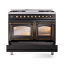 ILVE 40-Inch Nostalgie II Noblesse Natural Gas Dual Fuel Range with Triple Glass Door Oven in Glossy Black with Bronze Trim (UND40FNMPBKB)