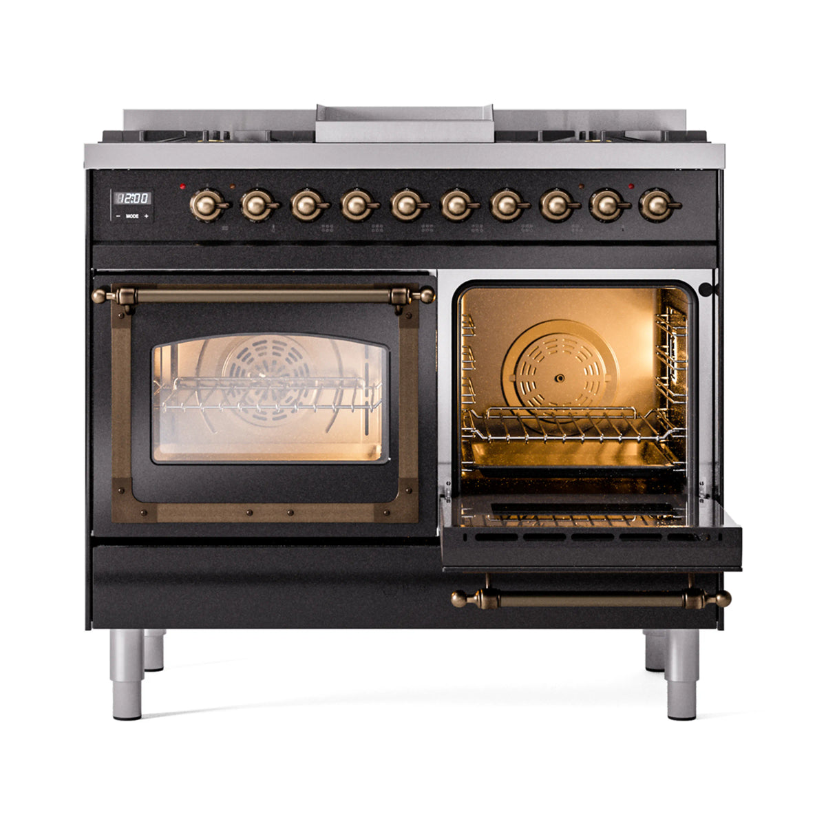 Dual fuel range with one oven open showing racks and one closed glass door