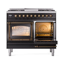 ILVE 40-Inch Nostalgie II Noblesse Natural Gas Dual Fuel Range with Triple Glass Door Oven in Glossy Black with Bronze Trim (UND40FNMPBKB)
