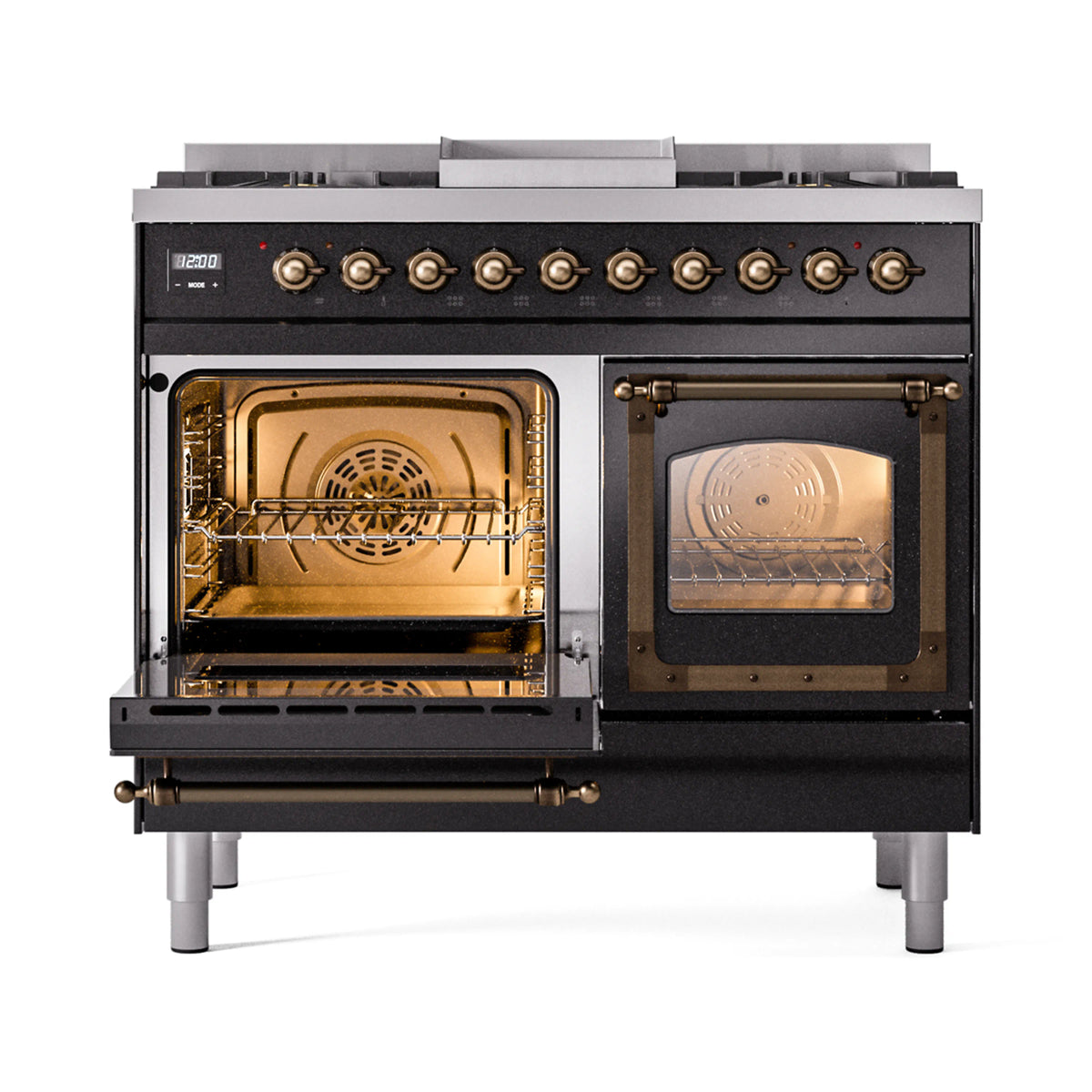Dual fuel range with both ovens open, interior lights on and bronze hardware