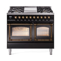 ILVE 40-Inch Nostalgie II Noblesse Natural Gas Dual Fuel Range with Triple Glass Door Oven in Glossy Black with Bronze Trim (UND40FNMPBKB)