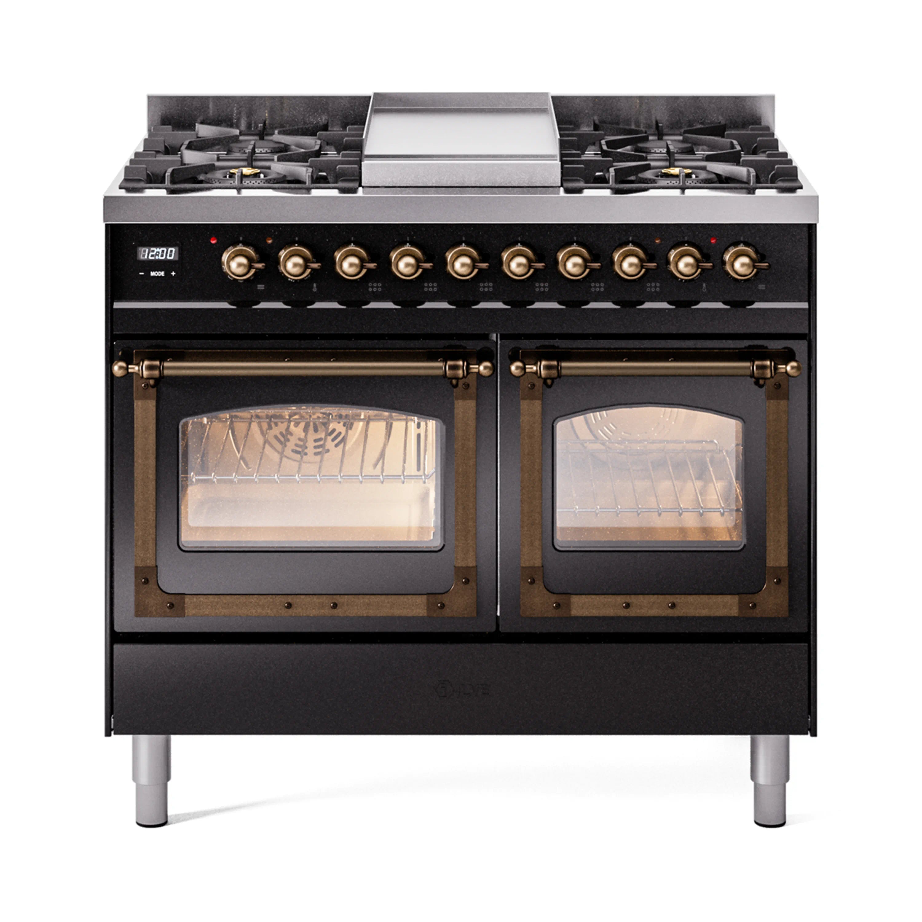 ILVE glossy black dual fuel range with bronze knobs and two open glass oven doors