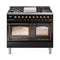 ILVE 40-Inch Nostalgie II Noblesse Natural Gas Dual Fuel Range with Triple Glass Door Oven in Glossy Black with Bronze Trim (UND40FNMPBKB)