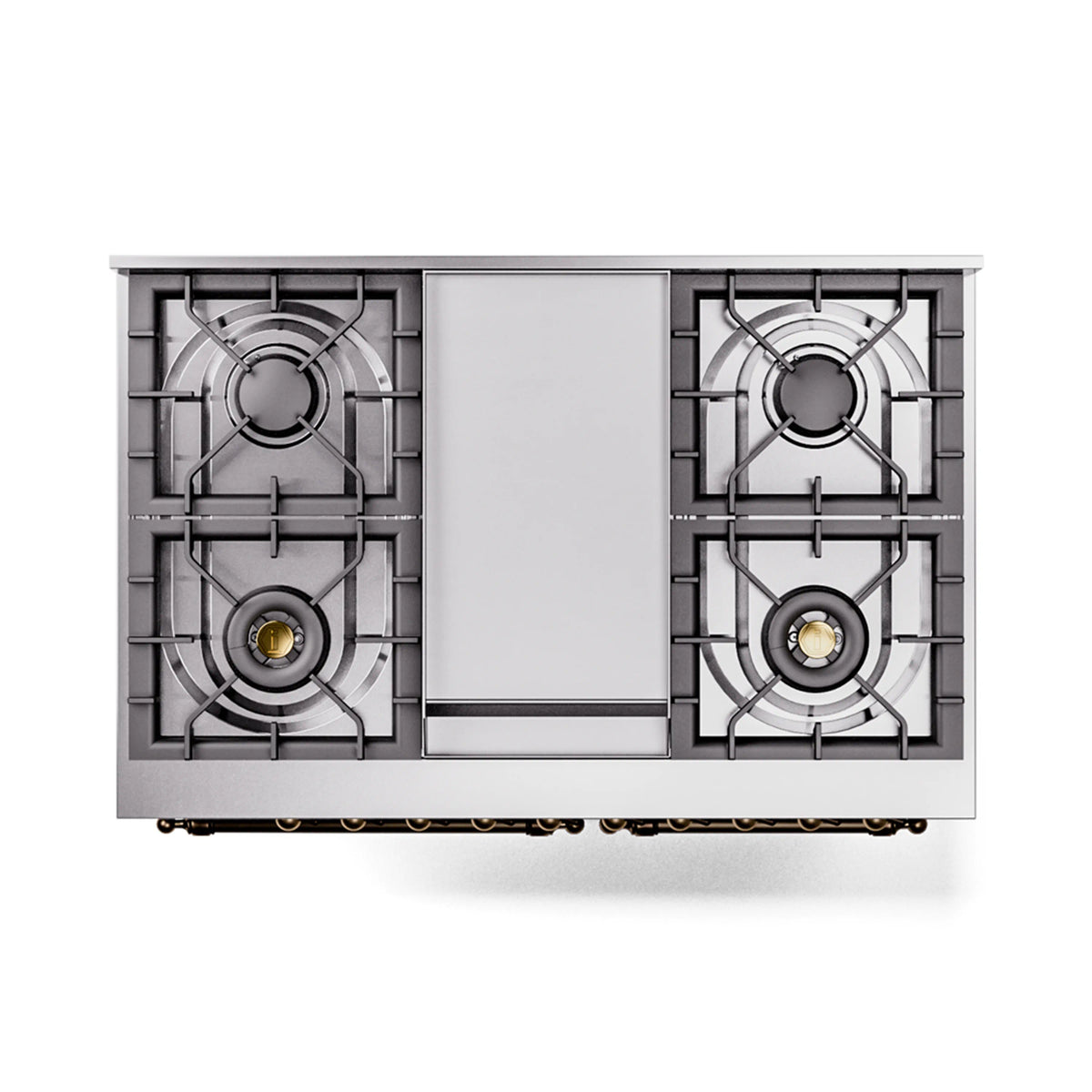 Black gas cooktop with four cast grates and central flat control panel