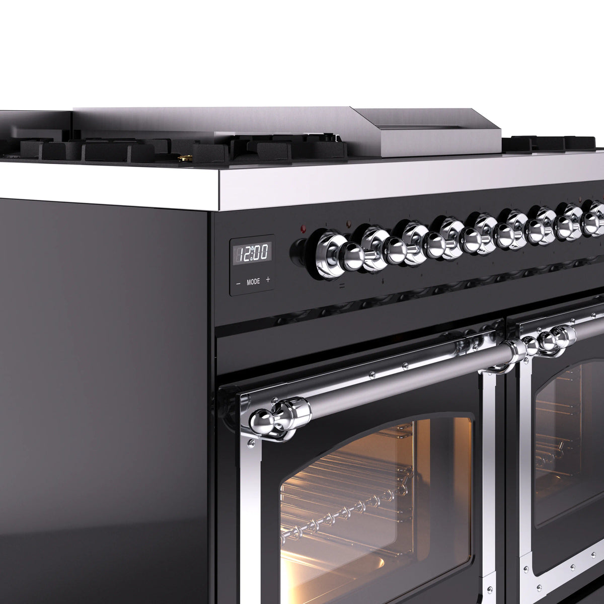 Chrome control knobs and handle on glossy black dual oven gas range