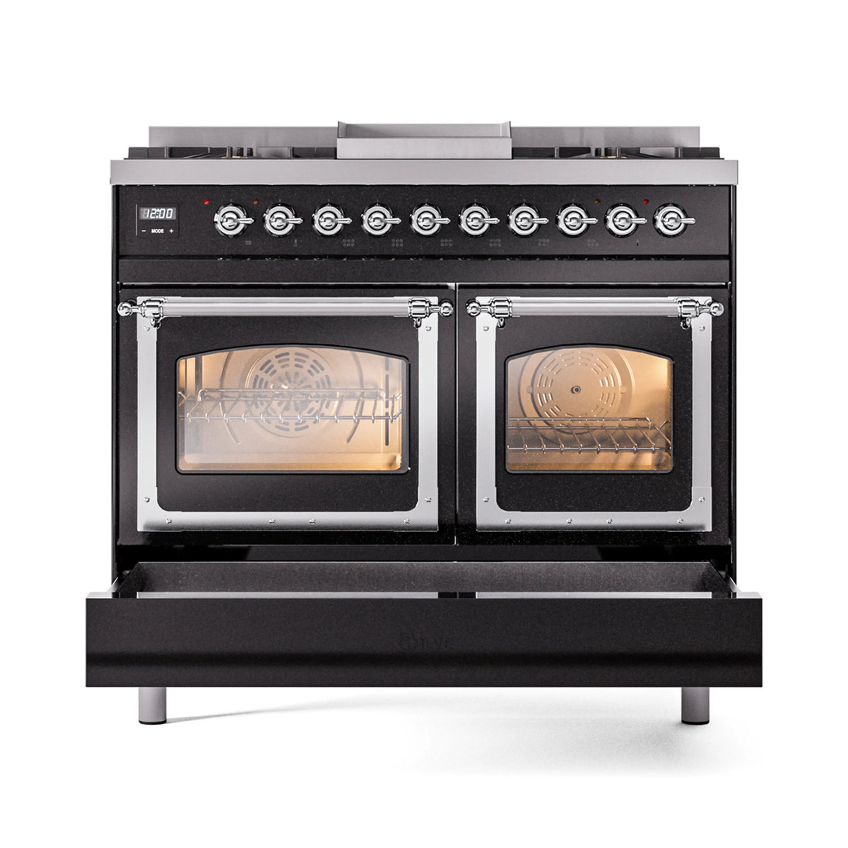 Glossy black dual oven gas range with chrome trim and two glass oven doors