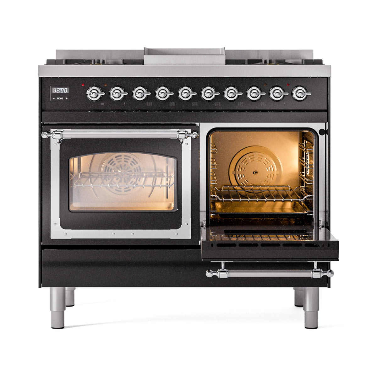 Dual fuel range with two oven doors open and racks visible through glass windows