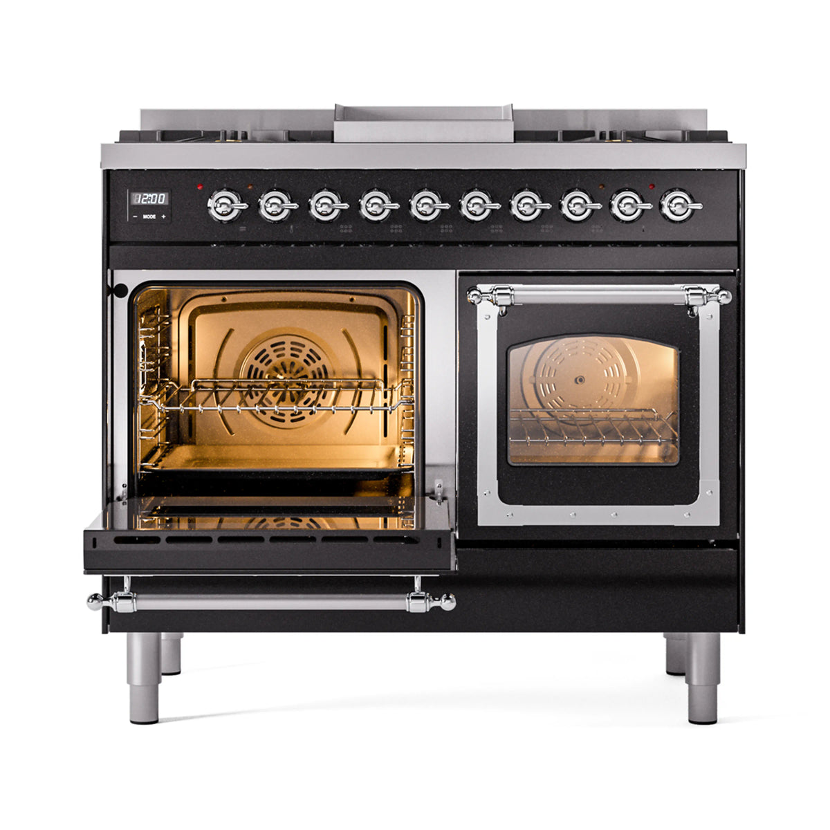 Dual oven gas range with both oven doors open, racks inside, black and chrome trim