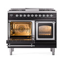ILVE 40-Inch Nostalgie II Noblesse Natural Gas Dual Fuel Range with Triple Glass Door Oven in Glossy Black with Chrome Trim (UND40FNMPBKC)