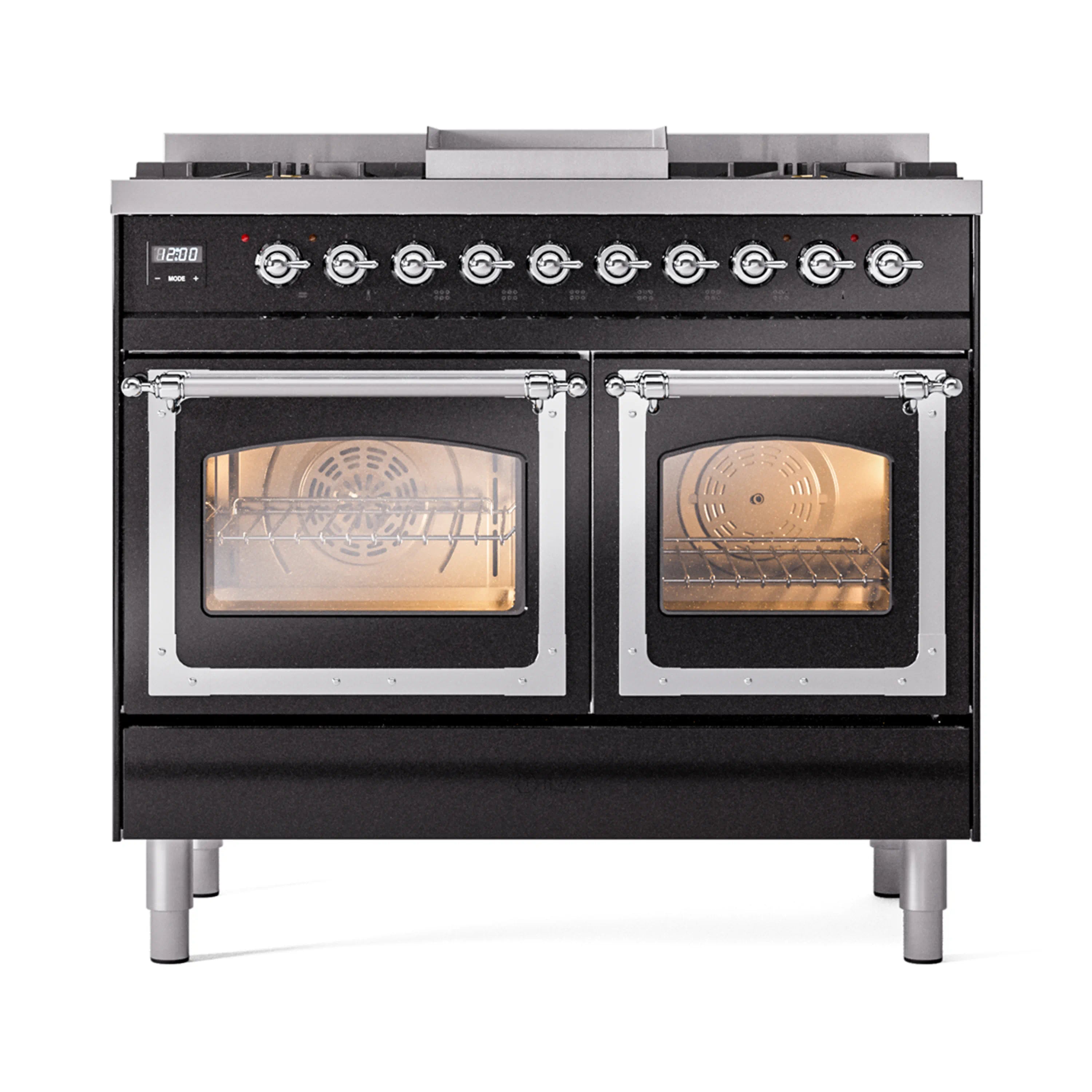 Black dual fuel range with two open ovens showing racks and chrome door frames