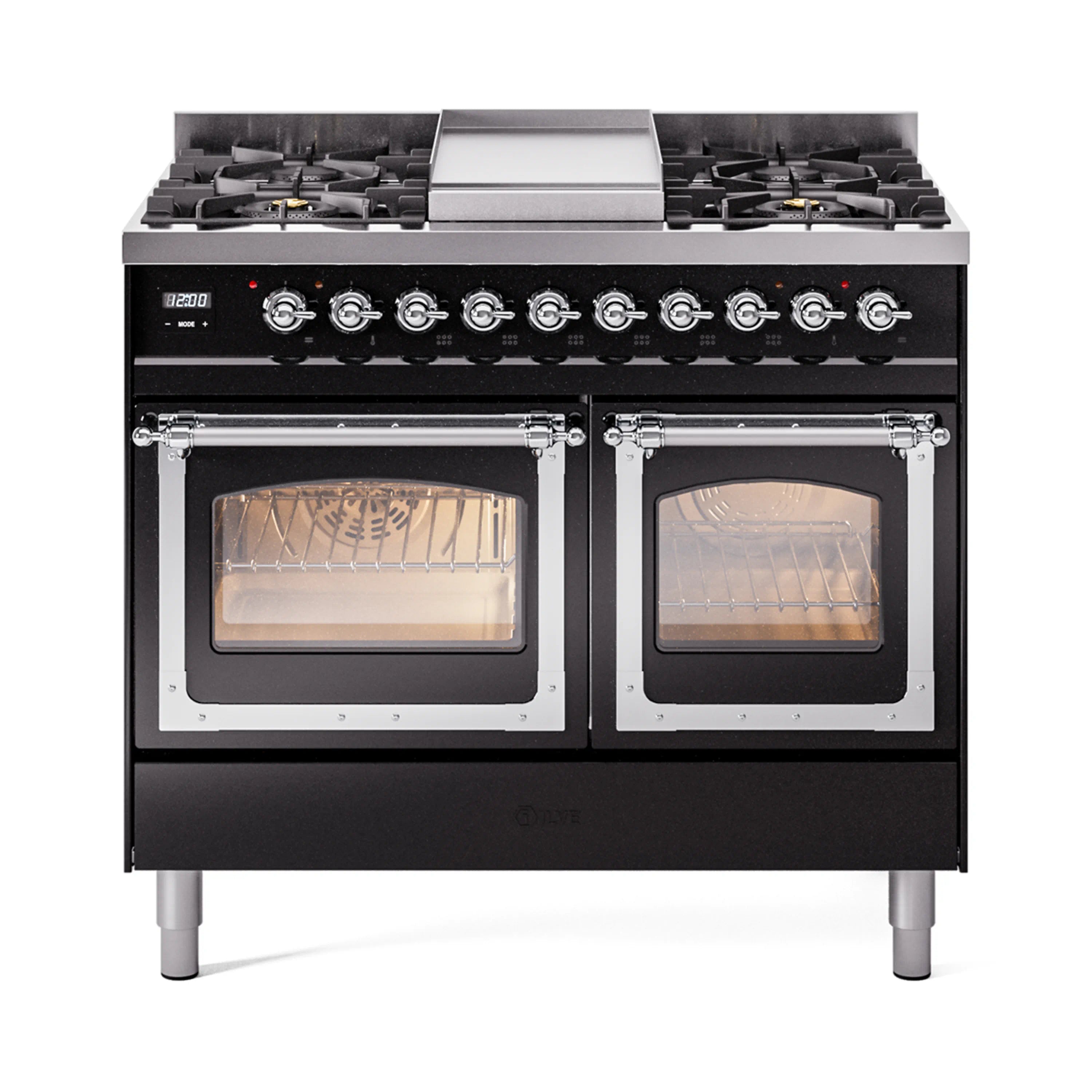 Glossy black dual fuel range with chrome-trimmed triple glass oven doors and knobs