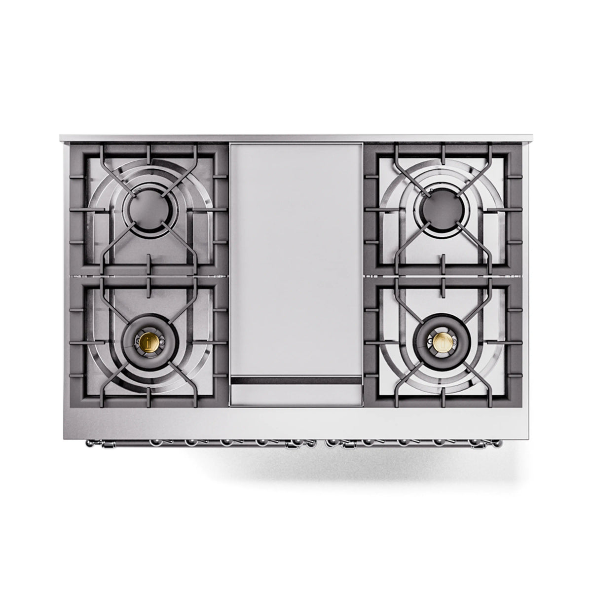 Top view of dual fuel range with four metal burner grates and center cover