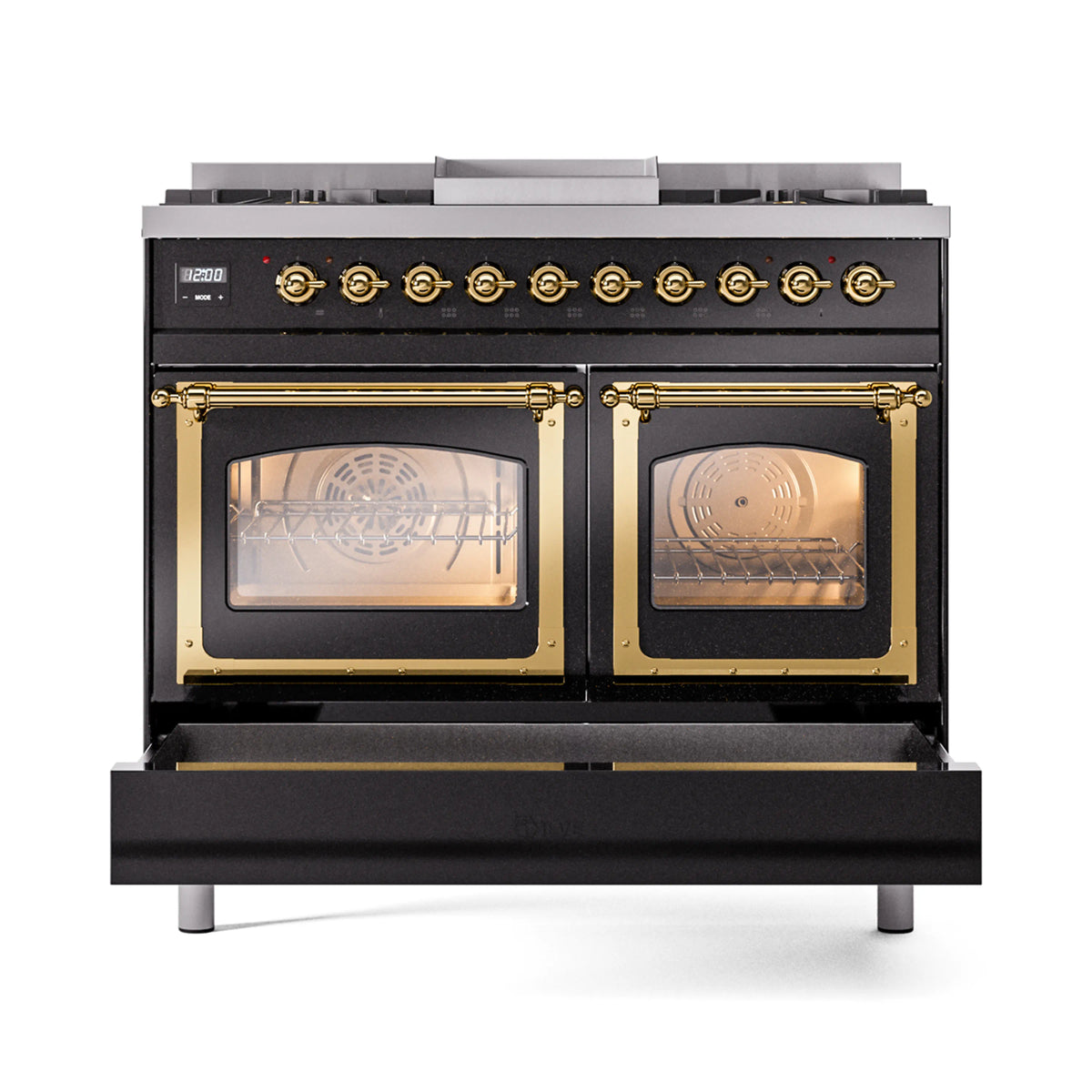 Brass-trimmed dual fuel range with two oven doors open; racks and fan visible