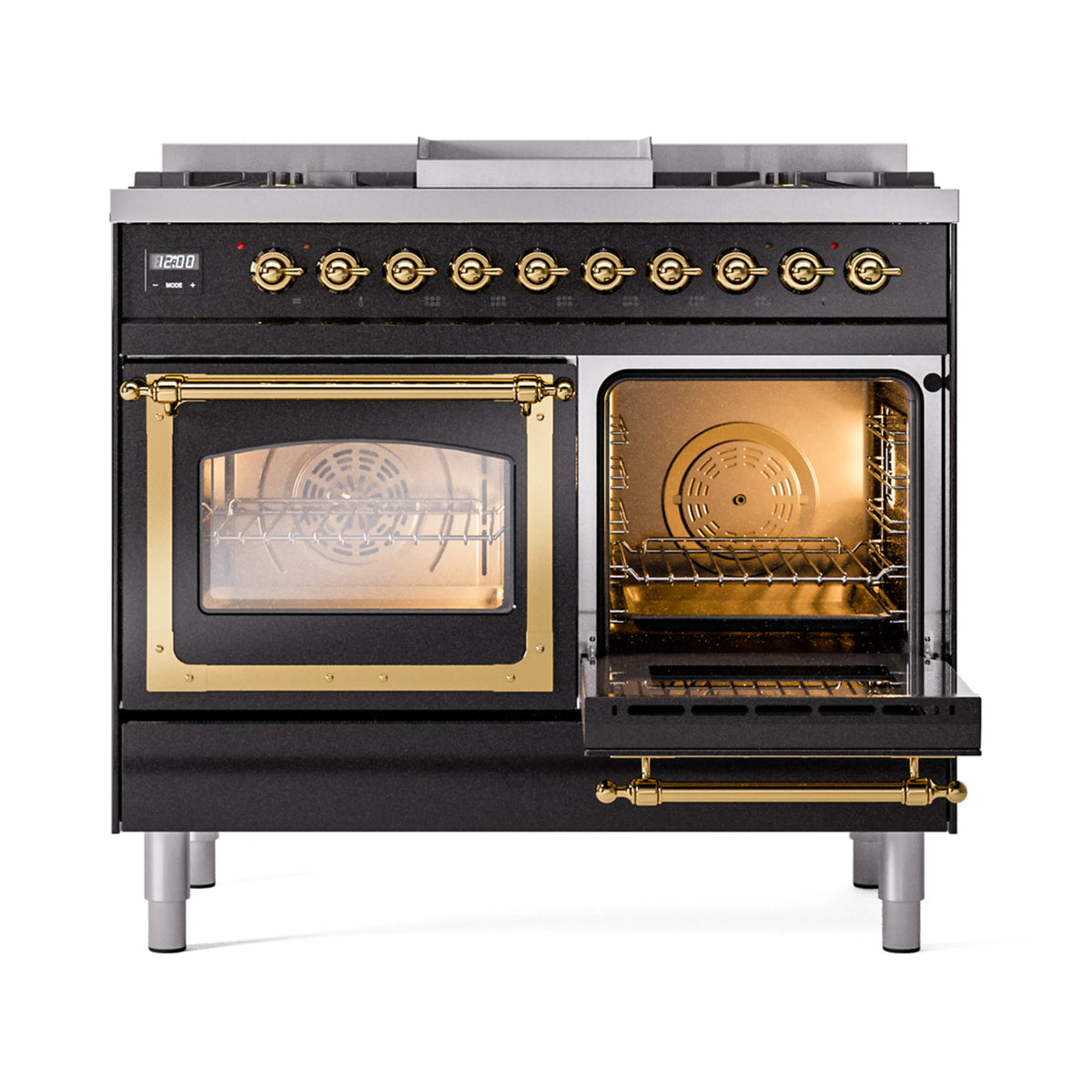 Dual fuel range with both ovens open; brass trim and racks inside triple glass doors