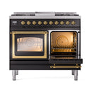 ILVE 40-Inch Nostalgie II Noblesse Natural Gas Dual Fuel Range with Triple Glass Door Oven in Glossy Black with Brass Trim (UND40FNMPBKG)