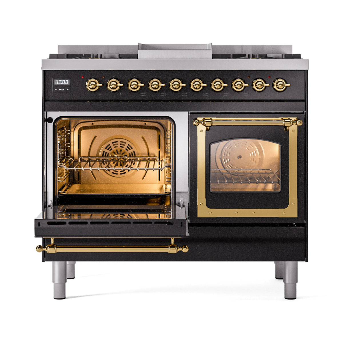 Dual fuel range with one oven door open; brass interior trim and racks visible
