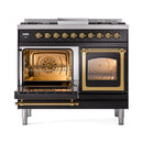 ILVE 40-Inch Nostalgie II Noblesse Natural Gas Dual Fuel Range with Triple Glass Door Oven in Glossy Black with Brass Trim (UND40FNMPBKG)