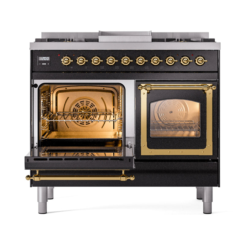 ILVE 40-Inch Nostalgie II Noblesse Dual Fuel Range with Triple Glass Door Oven in Glossy Black with Brass Trim (UND40FNMPBKG)
