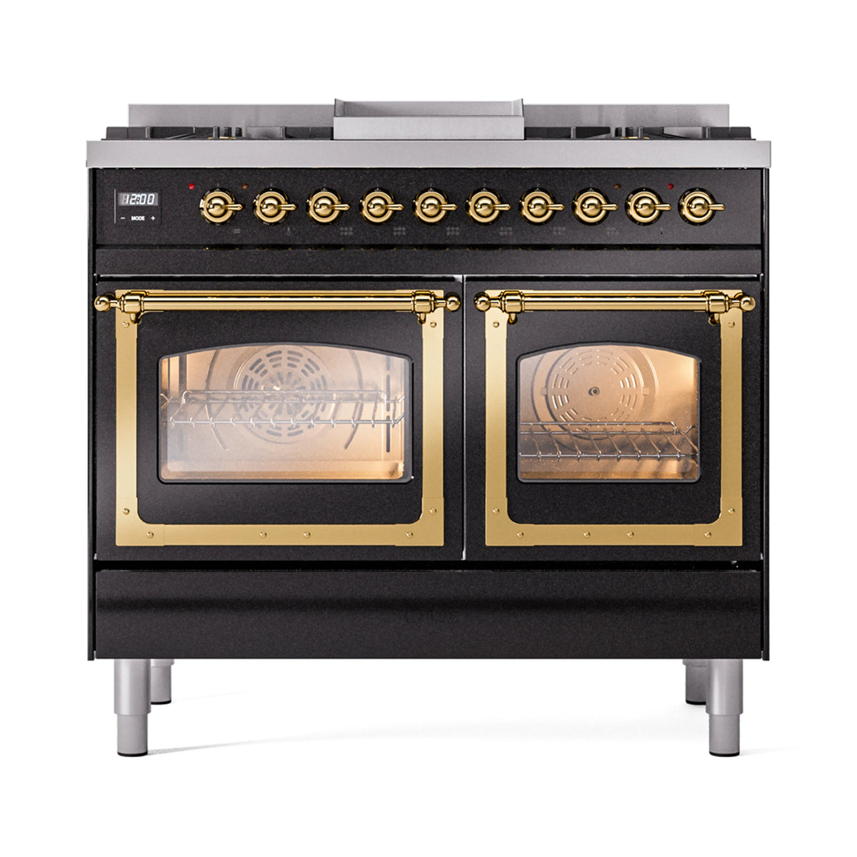 Glossy black dual fuel gas range with brass trim and two glass oven doors