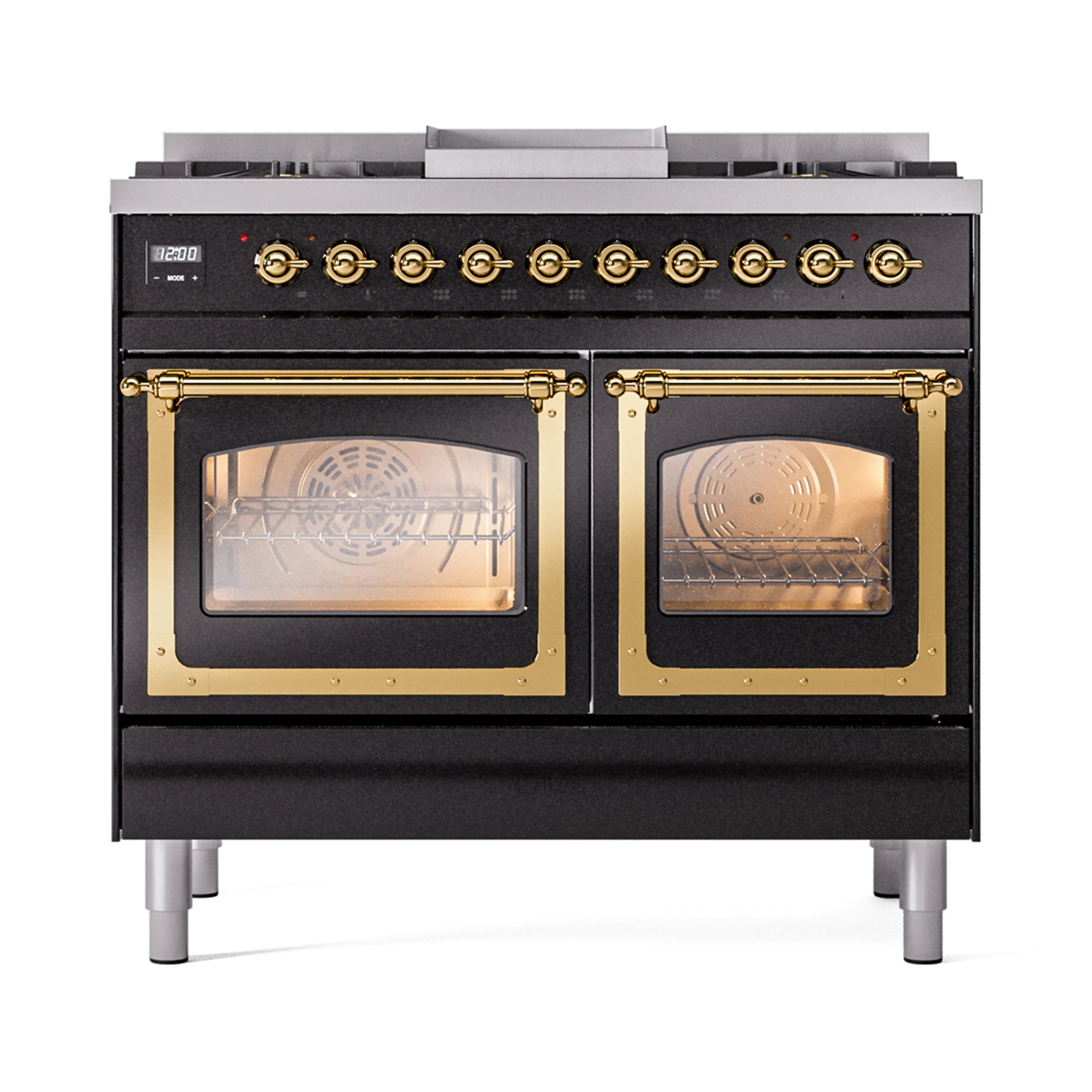 Black dual fuel range with brass-trimmed oven doors and triple glass windows