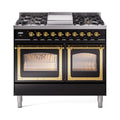 ILVE 40-Inch Nostalgie II Noblesse Natural Gas Dual Fuel Range with Triple Glass Door Oven in Glossy Black with Brass Trim (UND40FNMPBKG)