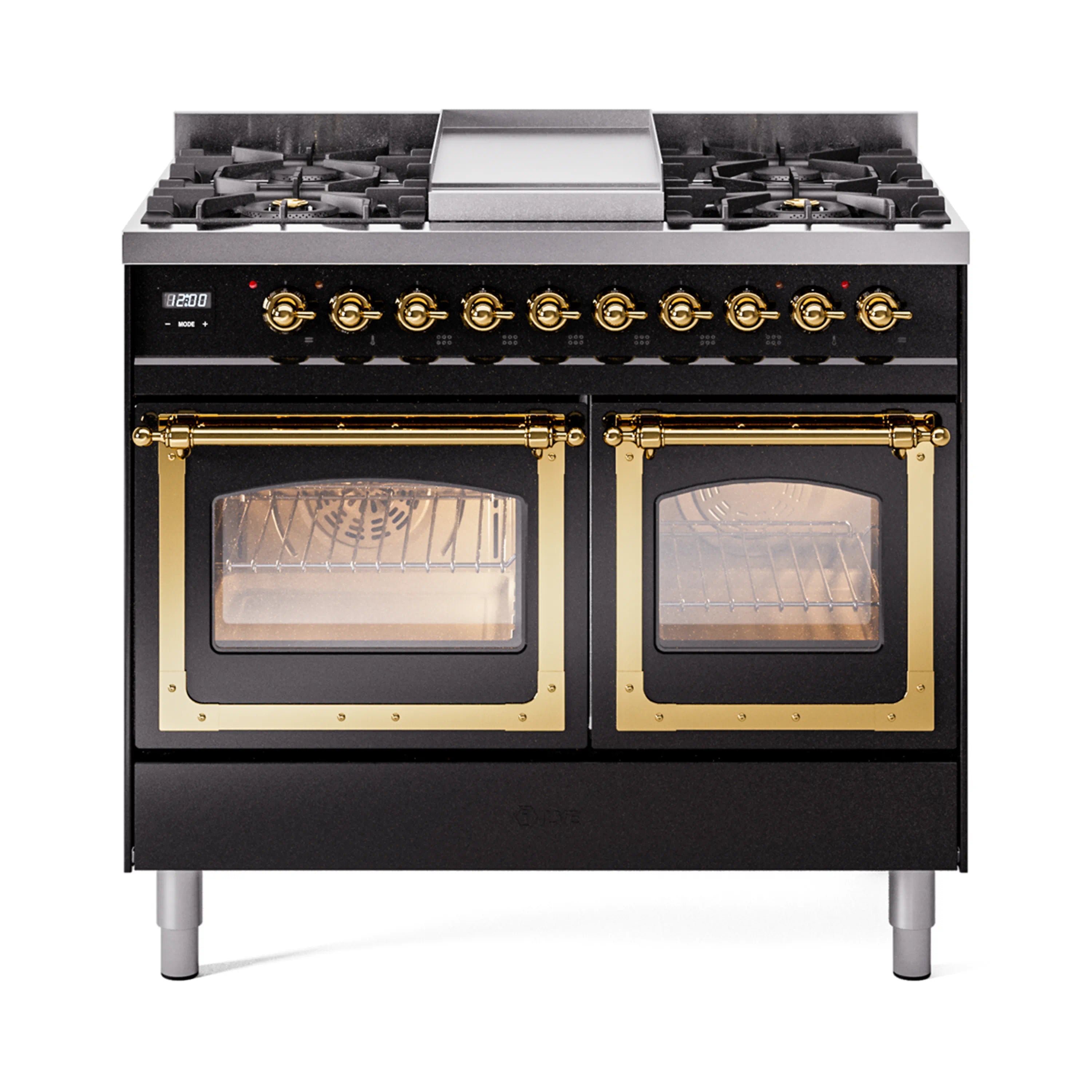 Glossy black dual fuel range with brass trim; two oven doors with triple glass windows