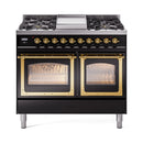 ILVE 40-Inch Nostalgie II Noblesse Natural Gas Dual Fuel Range with Triple Glass Door Oven in Glossy Black with Brass Trim (UND40FNMPBKG)