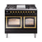 ILVE 40-Inch Nostalgie II Noblesse Natural Gas Dual Fuel Range with Triple Glass Door Oven in Glossy Black with Brass Trim (UND40FNMPBKG)