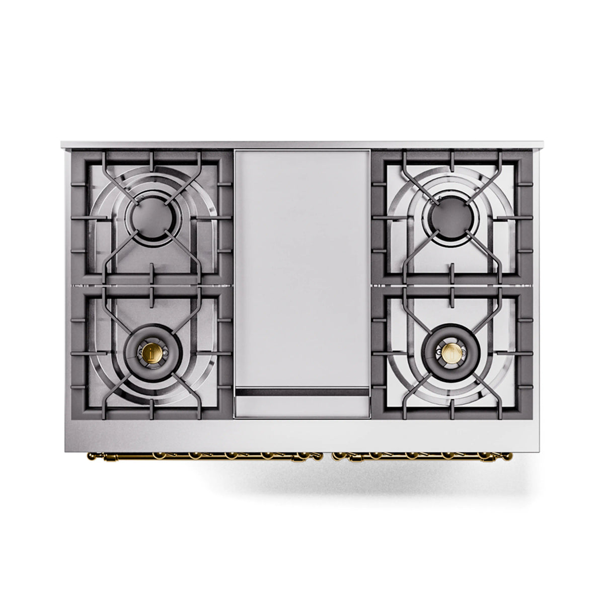 Dual fuel range cooktop with four burner grates and brass detail along the front